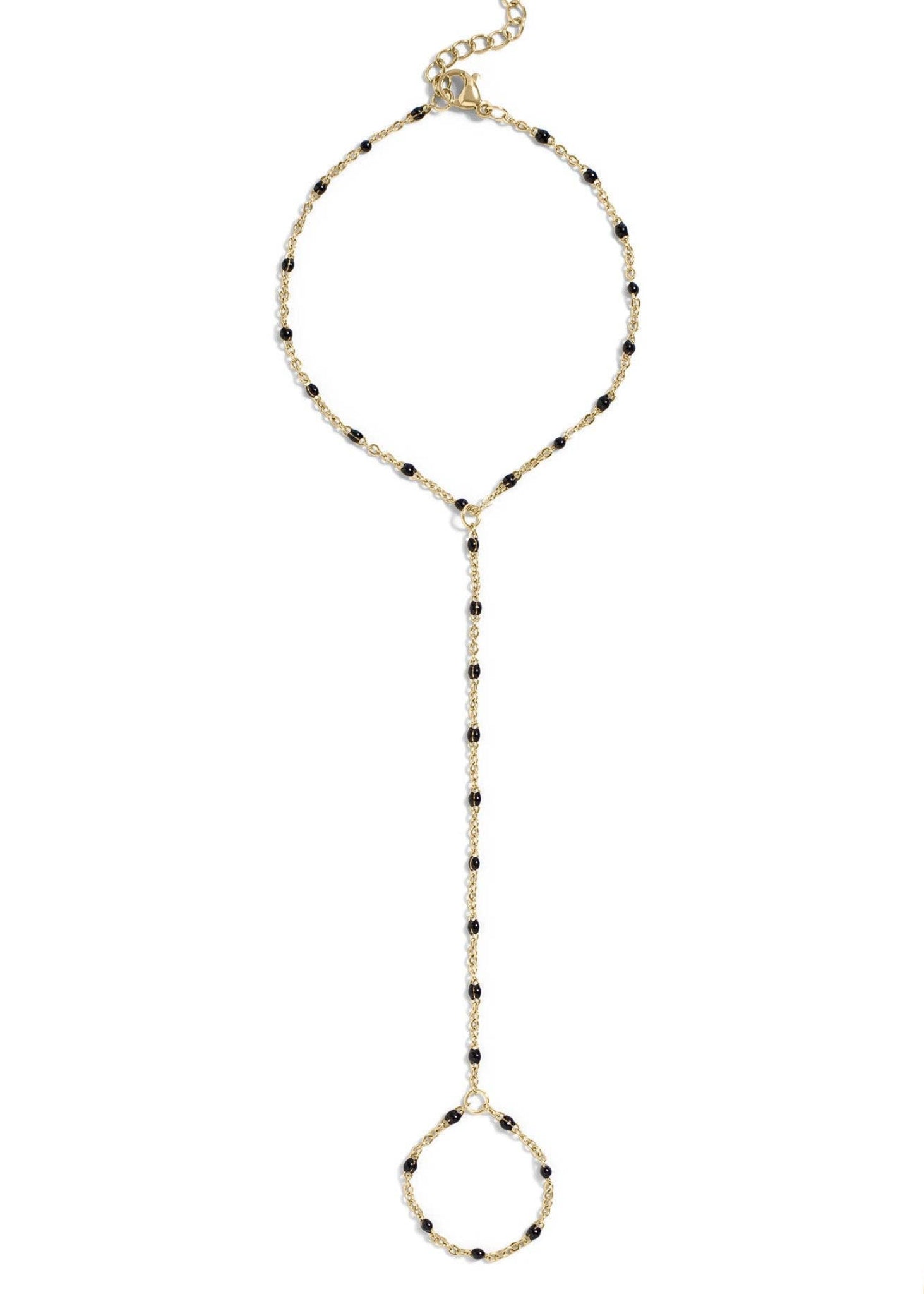 Black Beaded Hand Chain: Gold