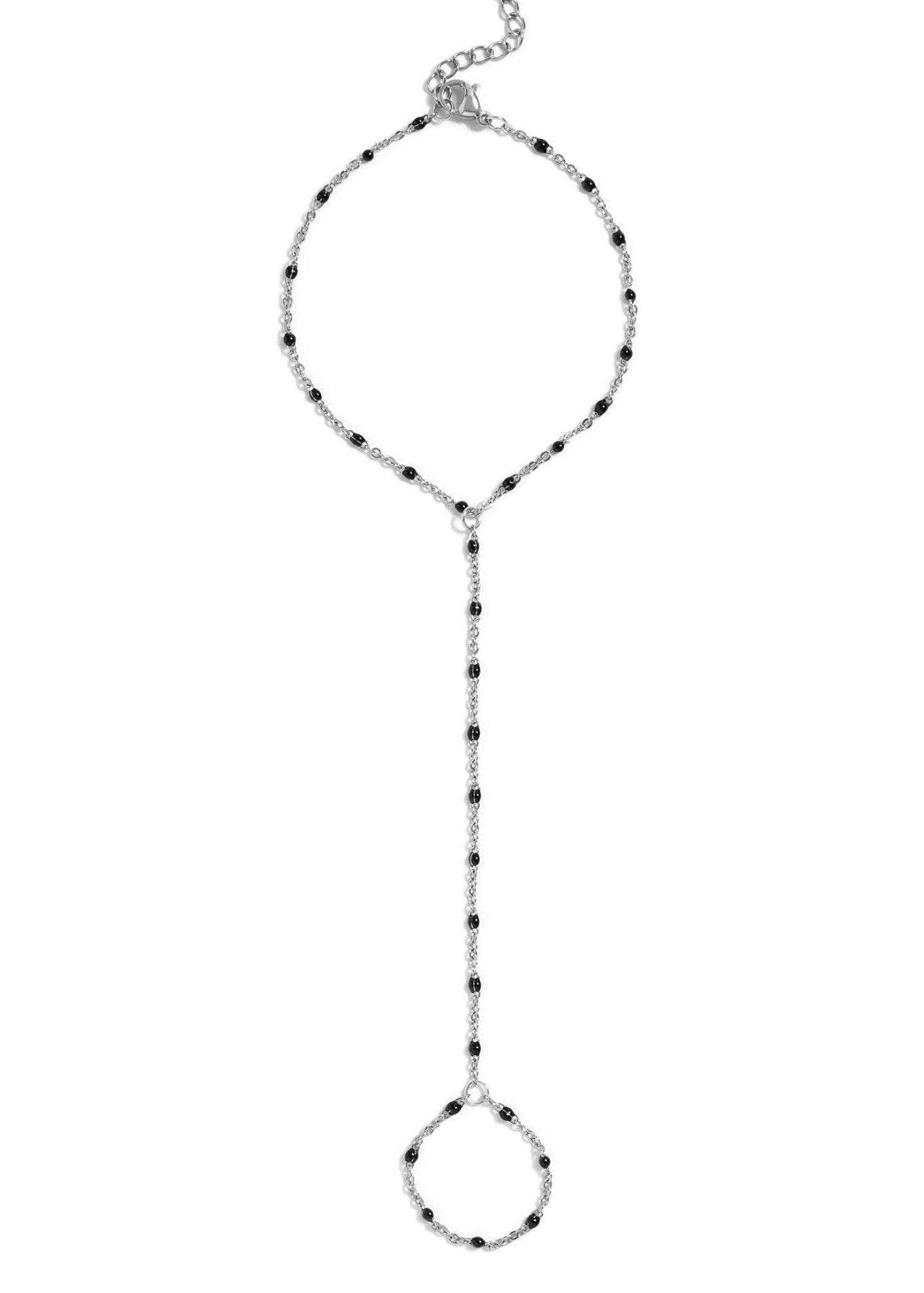 Black Beaded Hand Chain: Stainless