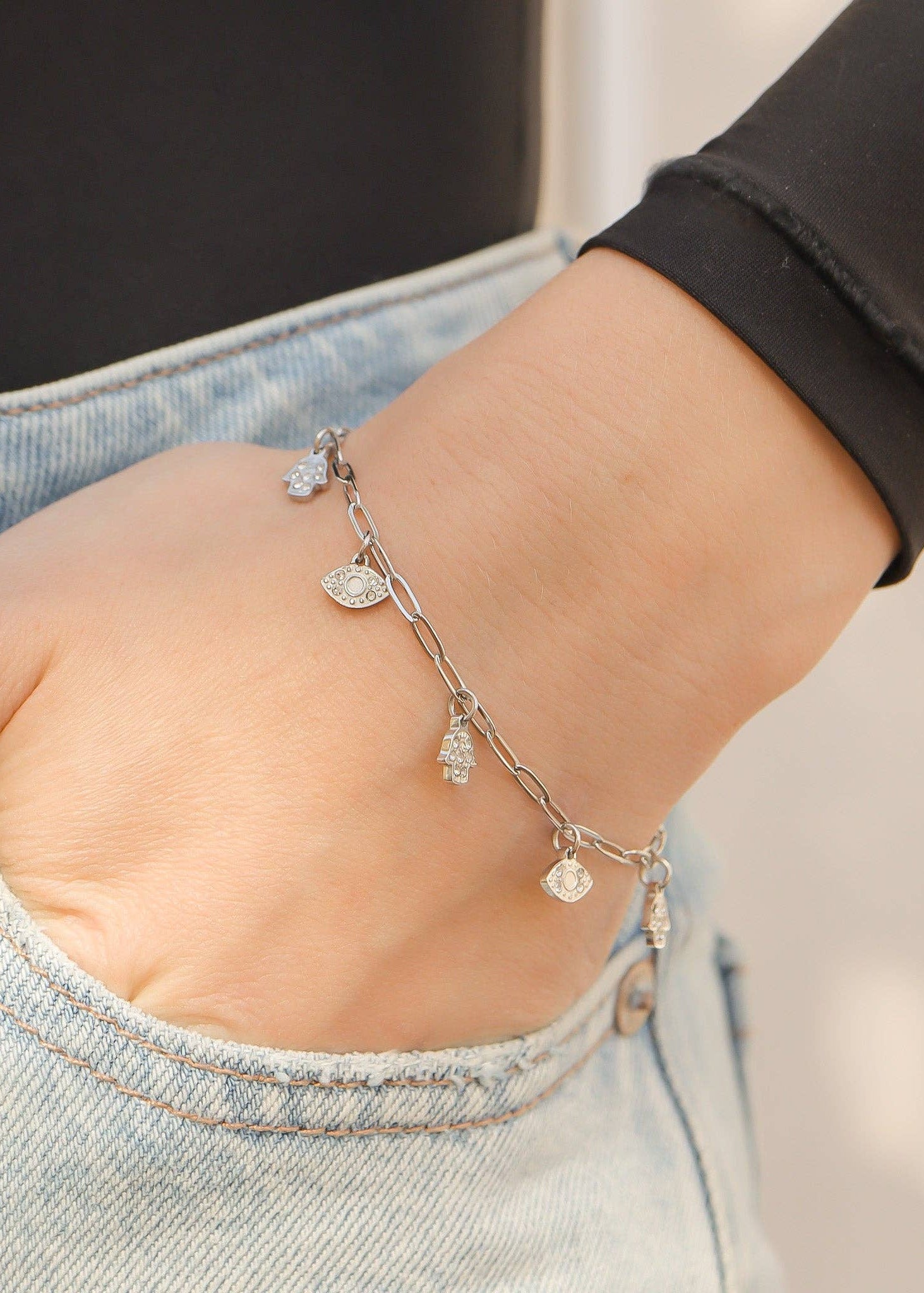 Paperclip Chain Charm Bracelet - Stainless