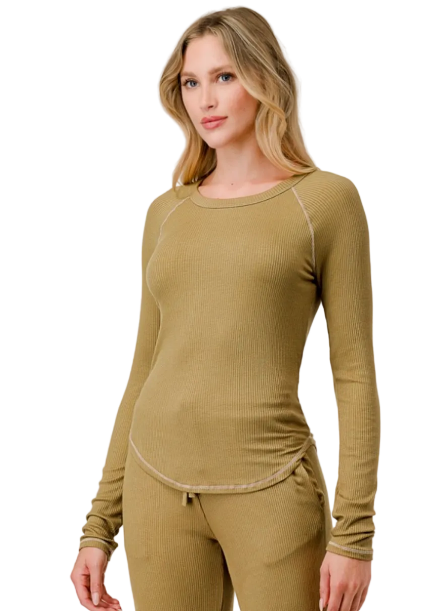 Long Sleeve Rib Raglan Top - Golden Sage