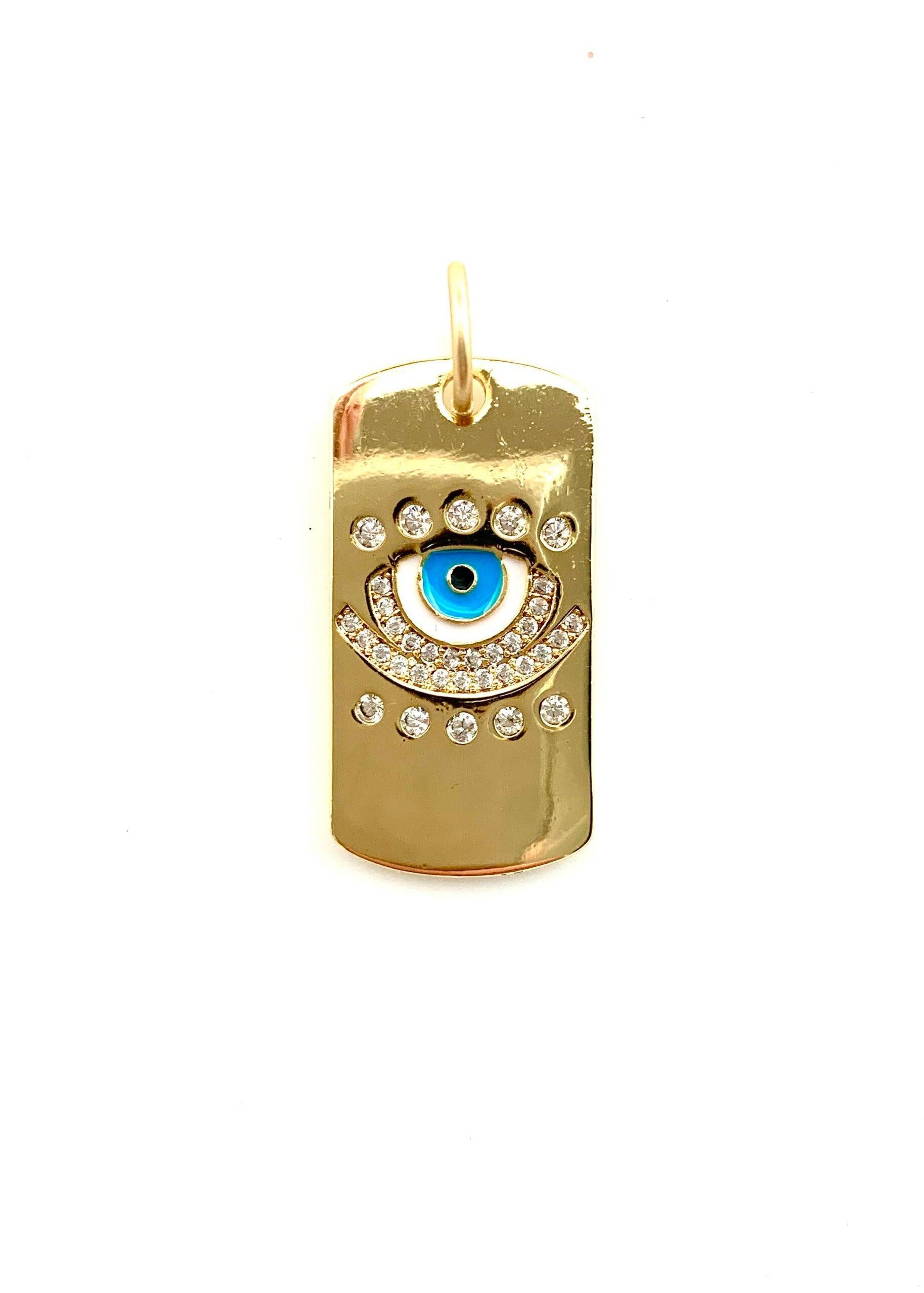1.25" Turquoise Enamel & Pavé Eye Gold Dog Tag Pendant