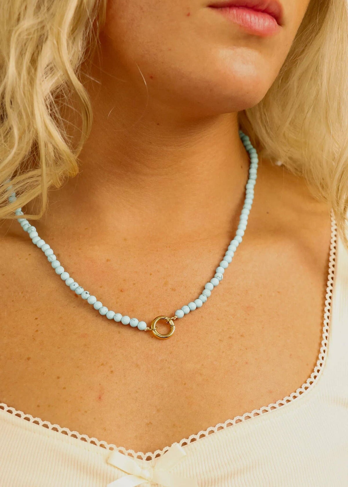 Semi Precious Natural Stone Charm Keeper Necklace: Turquoise