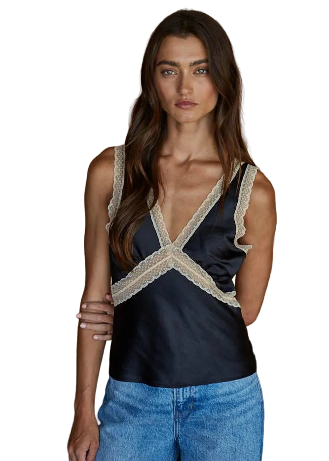 Satin Contrast Lace Trim Tank - Black by By Together